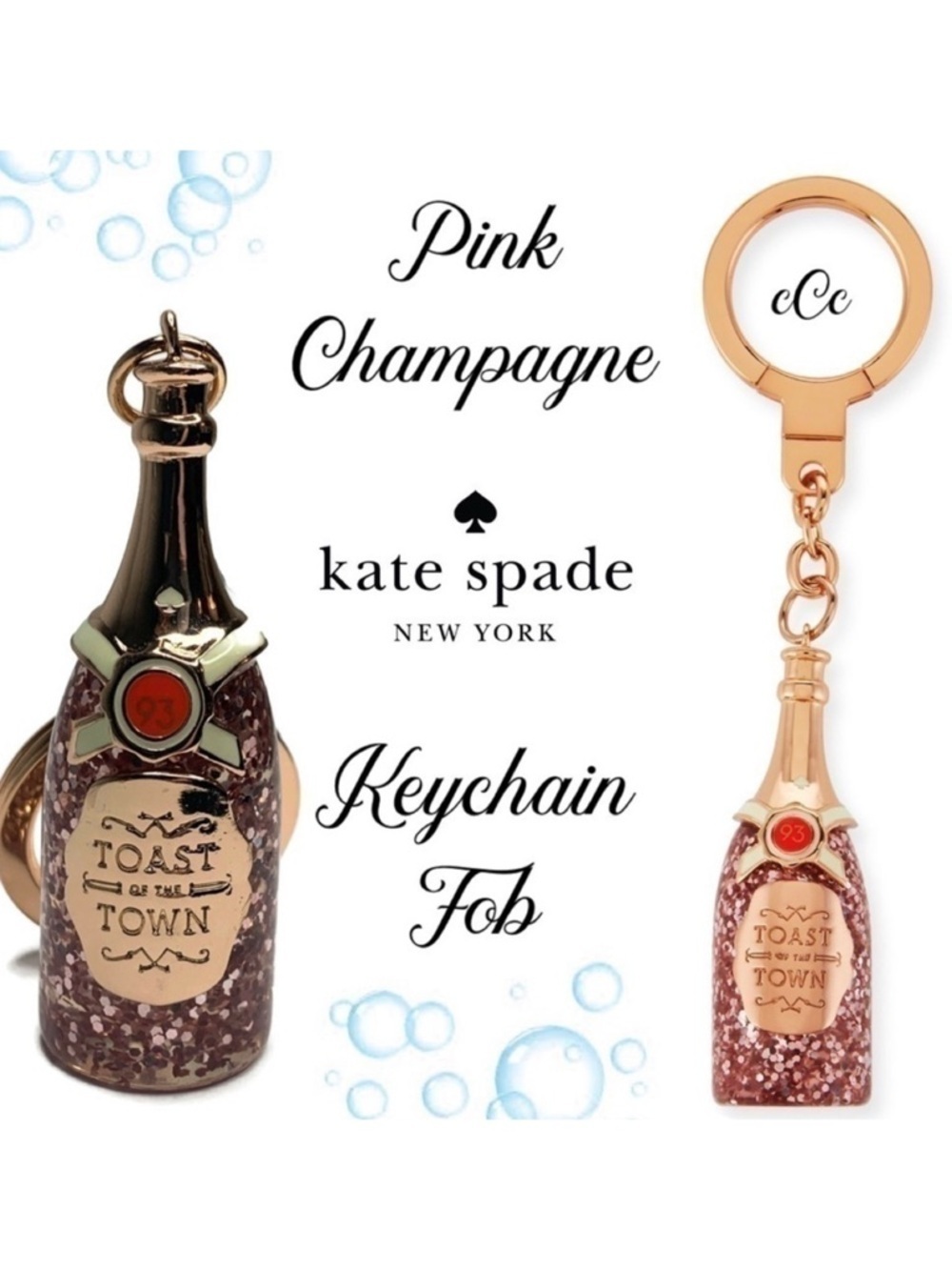 Kate Spade Pink Champagne Bottle Keychain Fob NWT